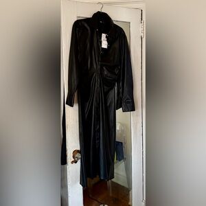 Zara Black Faux Leather Dress with Cinched Waistband maxi